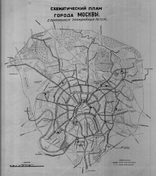 Схематический план города Москвы с показанием трамвайных путей